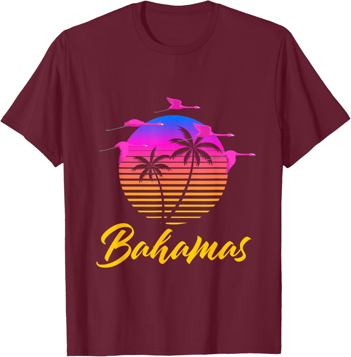 Bahamas Caribbean Retro Sunset Palm Tree Flamingo Vacation T-Shirt - T-Shirt | Maroon