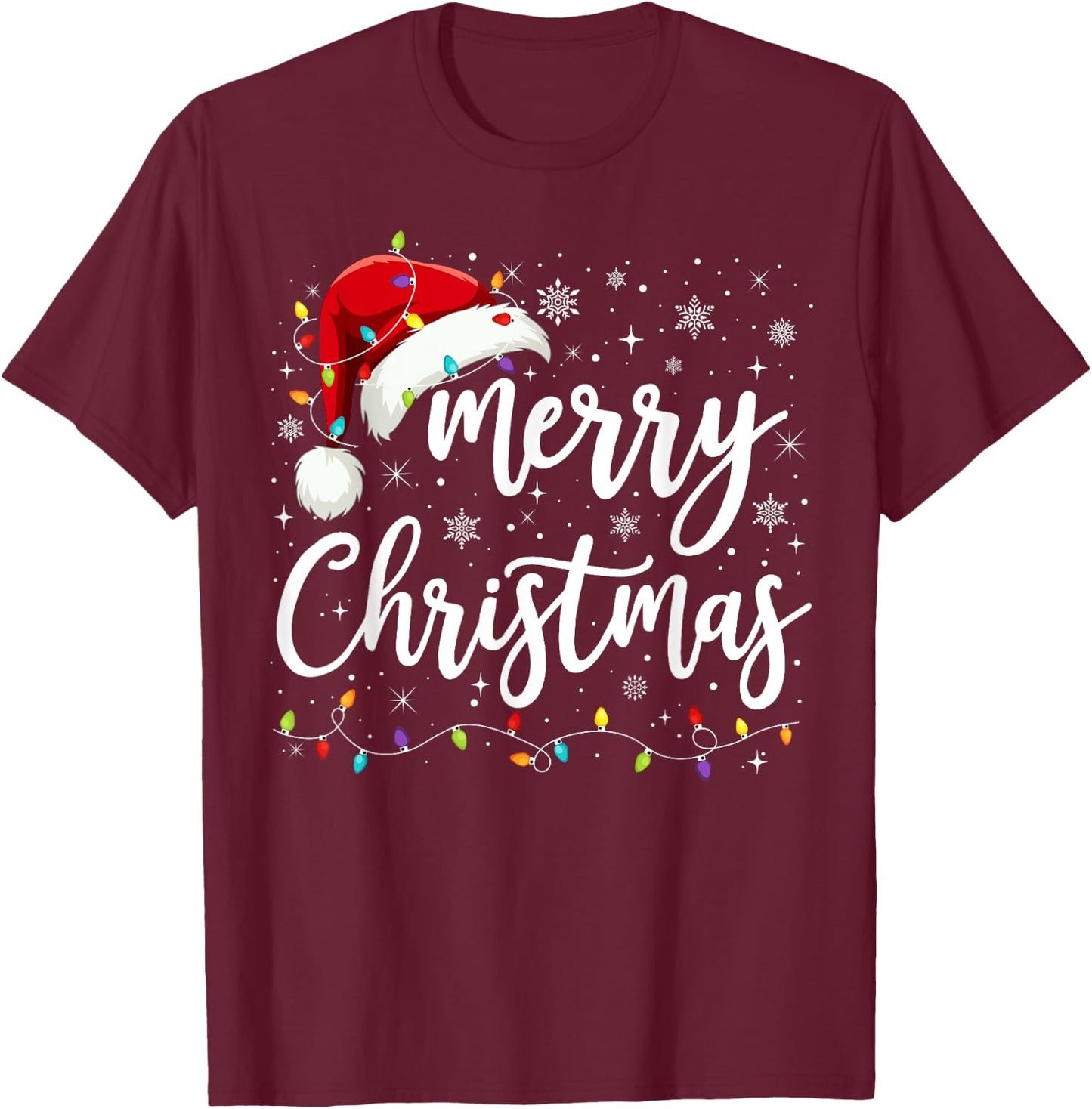 Merry Christmas Lights Red Santa Hat Xmas Family Men Women T-Shirt - T-Shirt | Maroon