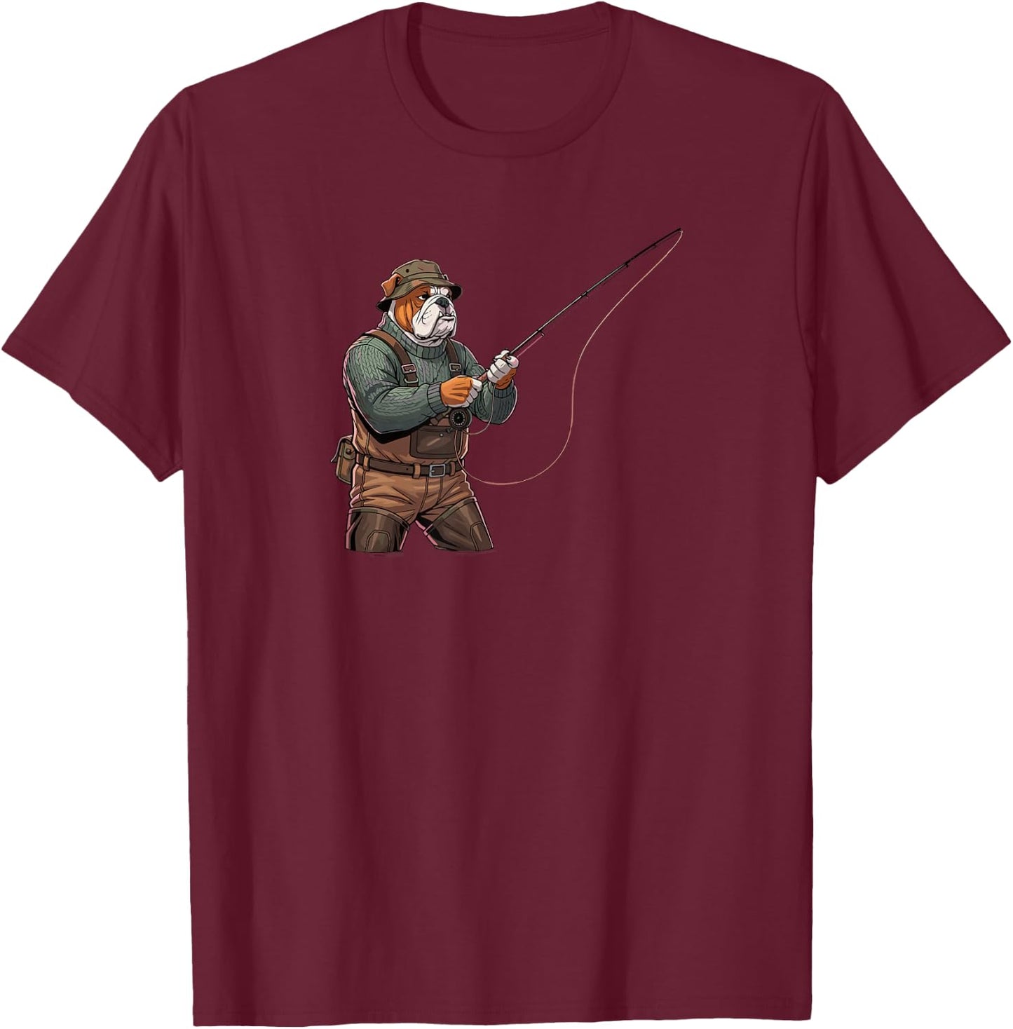 Fly Fishing Bulldog Waders River Angler Dog T-Shirt - T-Shirt | Maroon