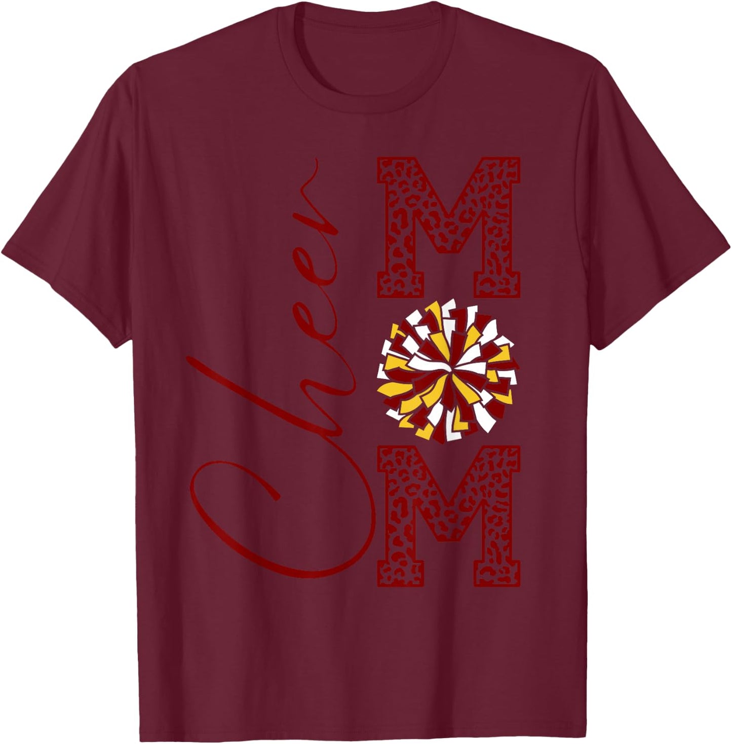 Cheer Mom | Maroon Gold White Burgandy Yellow Leopard Print T-Shirt - T-Shirt | Maroon