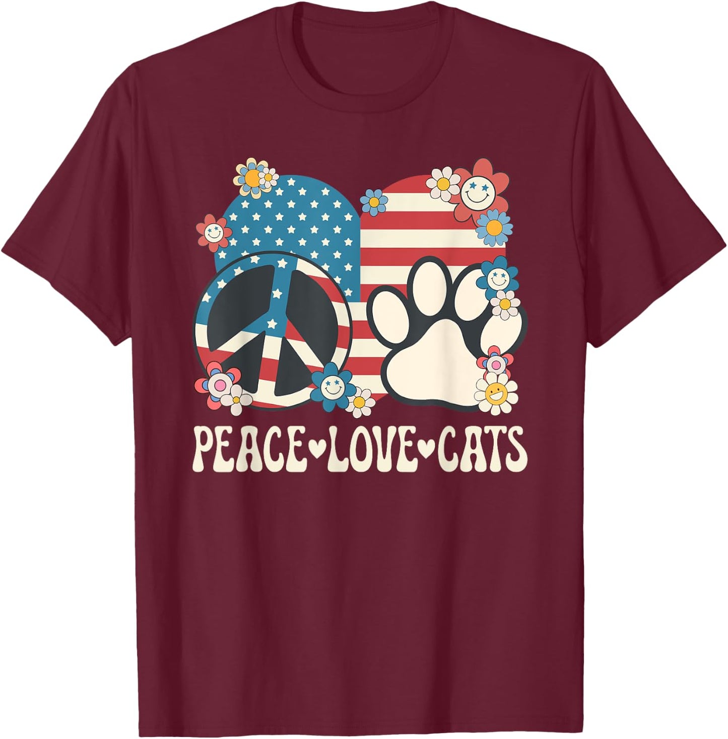Peace Love Cats American Flag Patriotic Cat Lover Retro Cat Women Girls Kids T-Shirt - T-Shirt | Maroon
