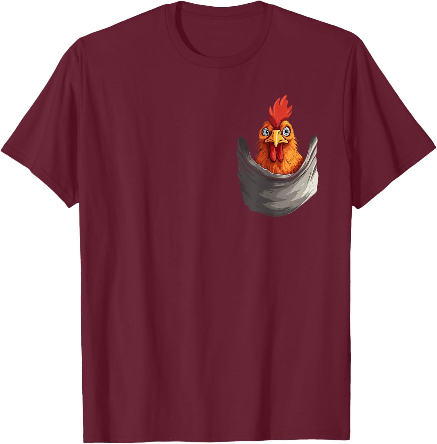 Fun print with hen in pocket, rooster, hen and farmer , Black, S T-Shirt - T-Shirt | Maroon