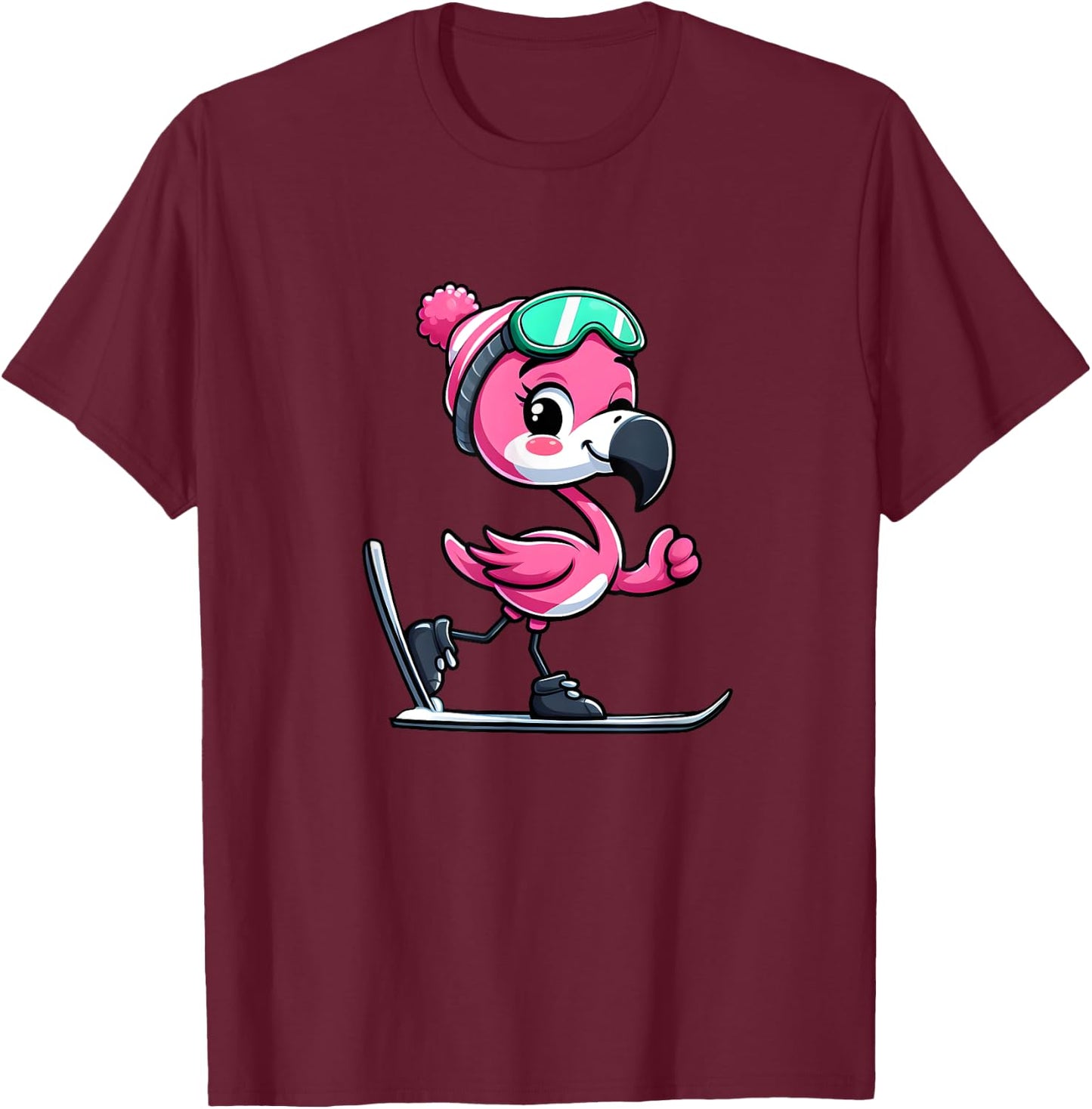 Comic Flamingo Skier T-Shirt - T-Shirt | Maroon