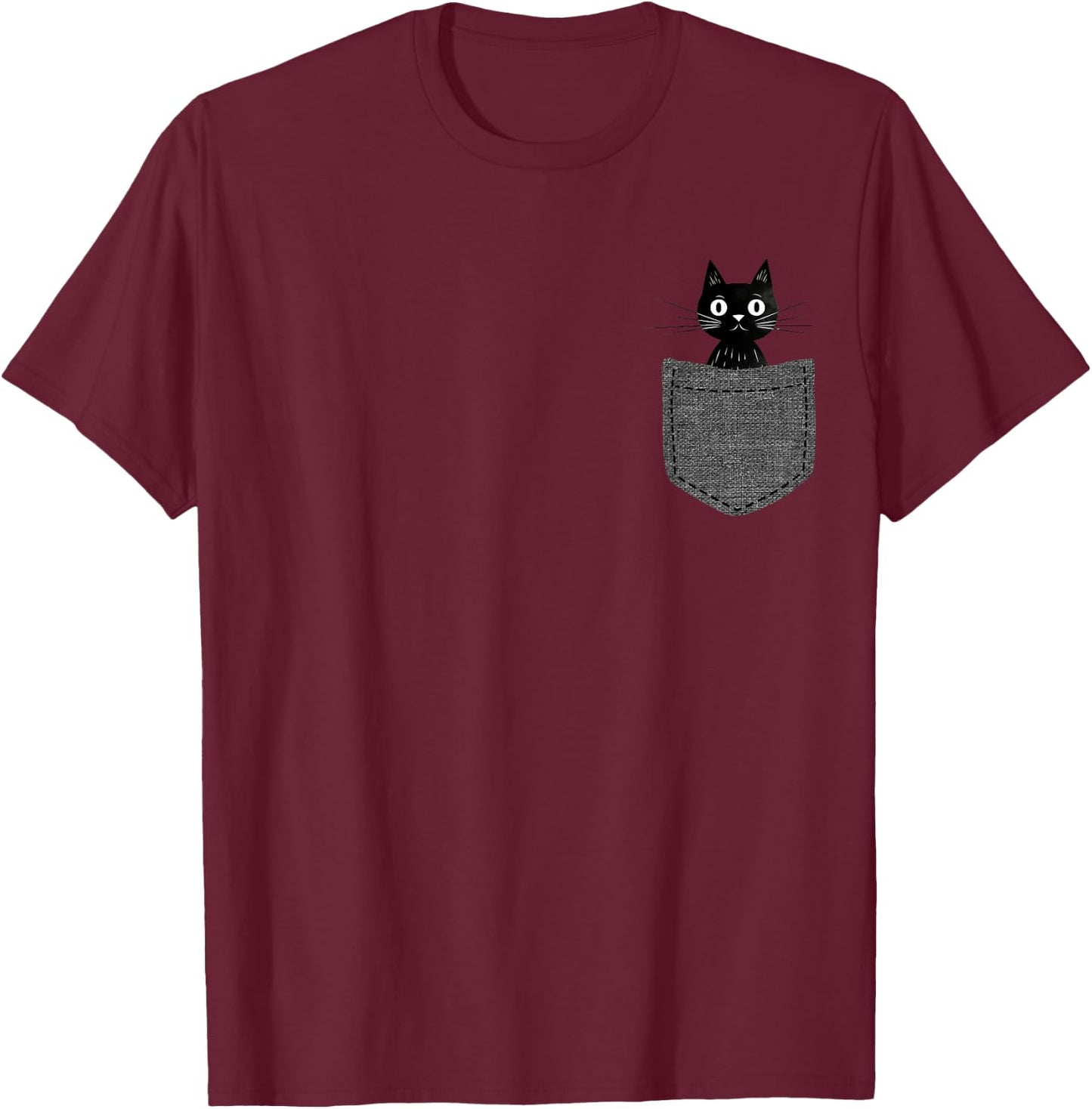 Schwarze Katze in Brusttasche T-Shirt - T-Shirt | Maroon
