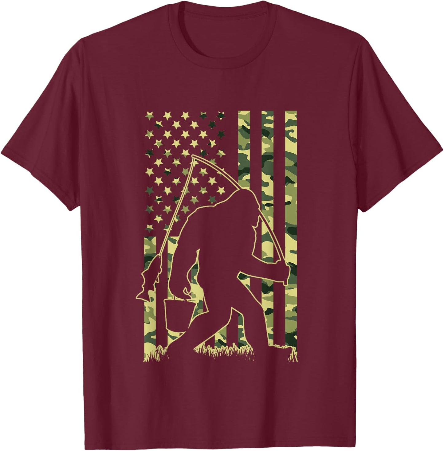 Bigfoot Fishing with Camo American Flag Funny Fisherman T-Shirt - T-Shirt | Maroon