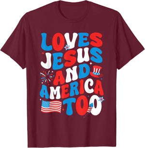Patriotic Apparel: Loves god, America Too, Perfect for July T-Shirt - T-Shirt | Maroon
