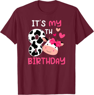 8th Cow Birthday 8 Year Old Girl Cow Birthday Party T-Shirt - T-Shirt | Maroon