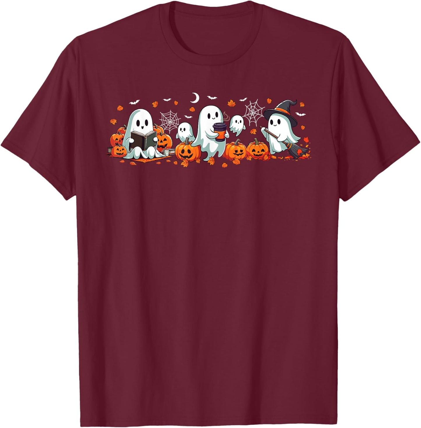 Ghost Reading Book Drinking Coffee Cute Spooky Halloween T-Shirt - T-Shirt | Maroon