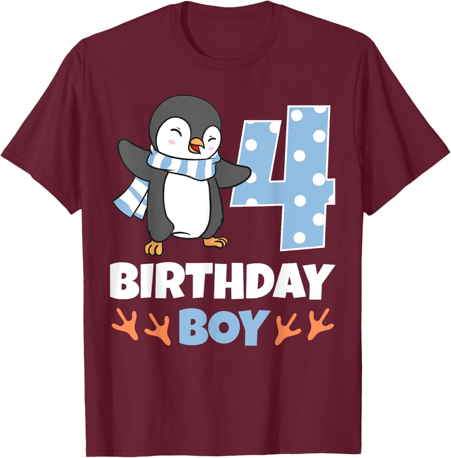 Penguin 4th Birthday Boy Winter Theme Party Celebration T-Shirt - T-Shirt | Maroon