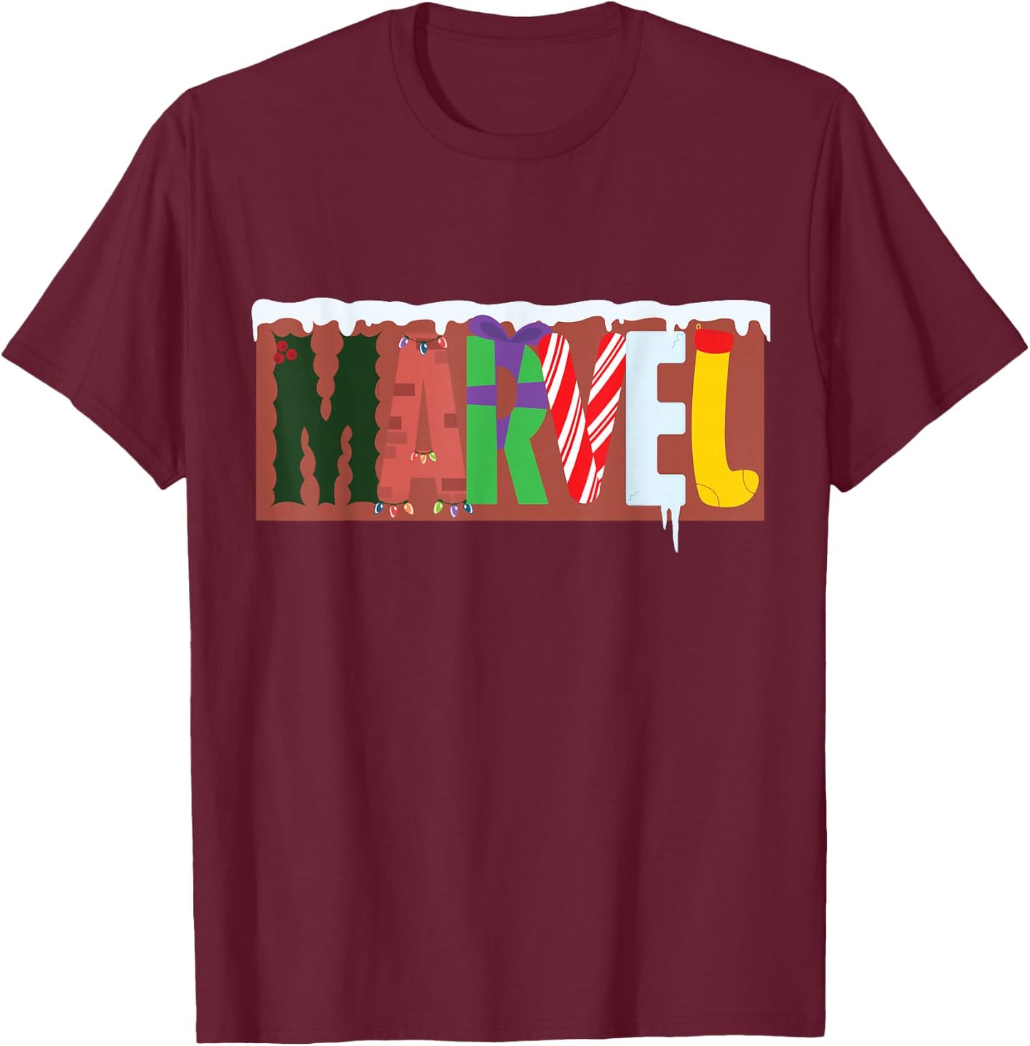 Marvel Logo with Christmas Holiday Avengers Decorations T-Shirt - T-Shirt | Maroon