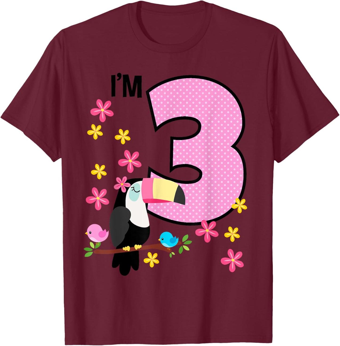 Toucan 3rd Birthday 3 Year Old Birthday Girl Tropical Birds T-Shirt - T-Shirt | Maroon