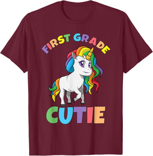 First Day of School 1st First Grade Cutie Girls Unicorn T-Shirt - T-Shirt | Maroon