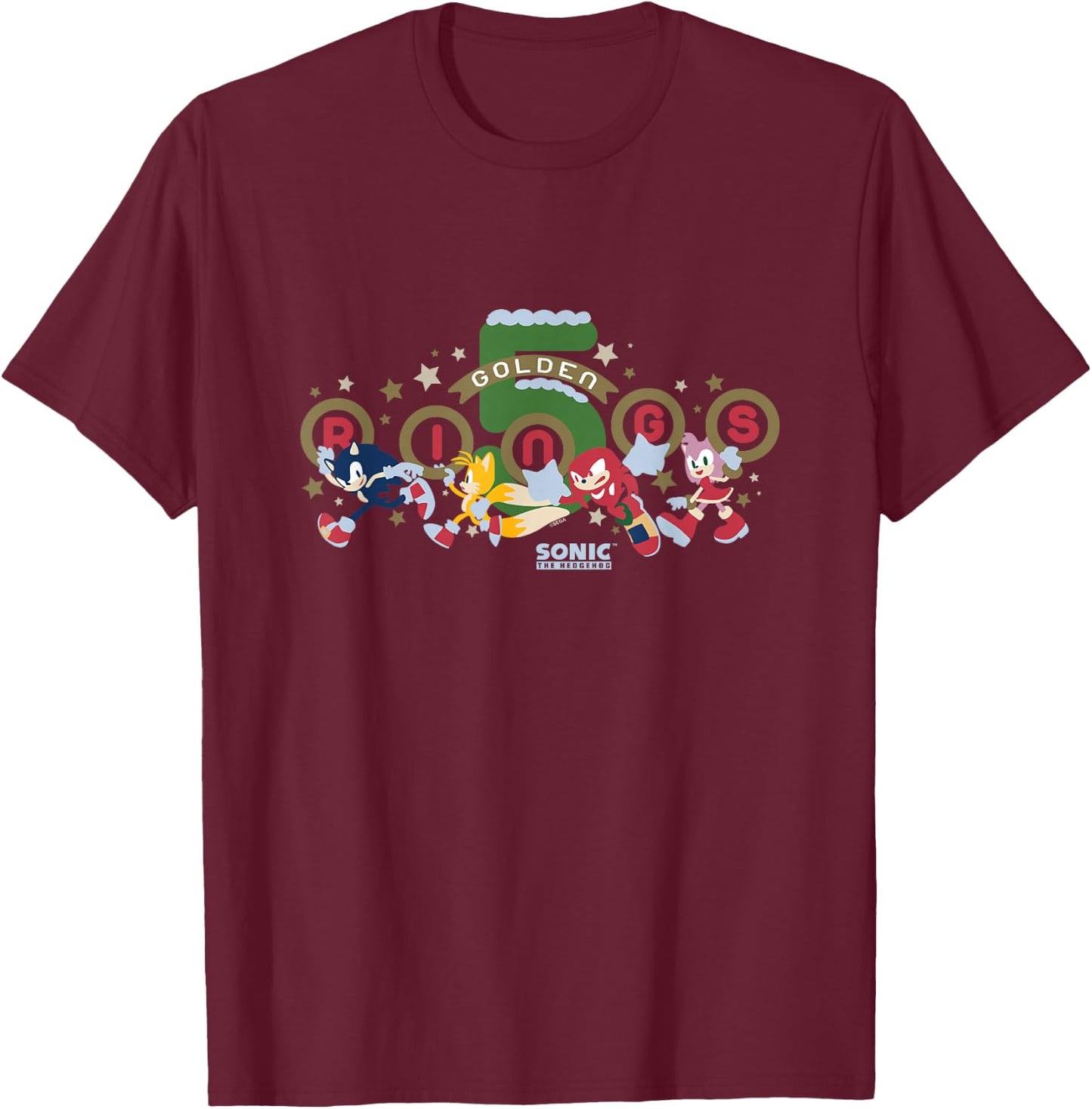 Sonic The Hedgehog Christmas 5 Golden Rings Vintage Logo T-Shirt - T-Shirt | Maroon
