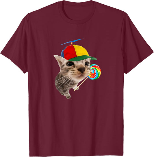 Silly Cat with Lollipop Meme T-Shirt - T-Shirt | Maroon