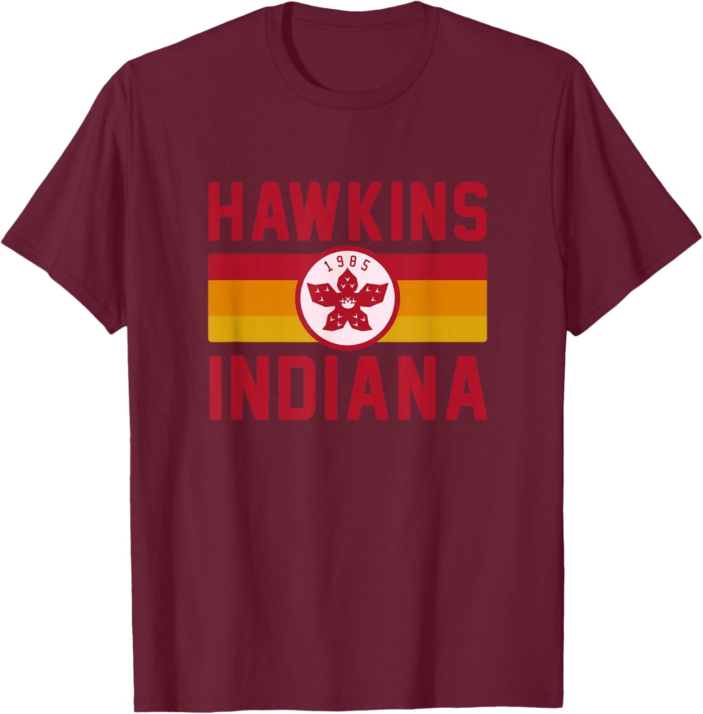 Stranger Things Hawkins Indiana 1985 Sunset Stripe Vintage T-Shirt - T-Shirt | Maroon