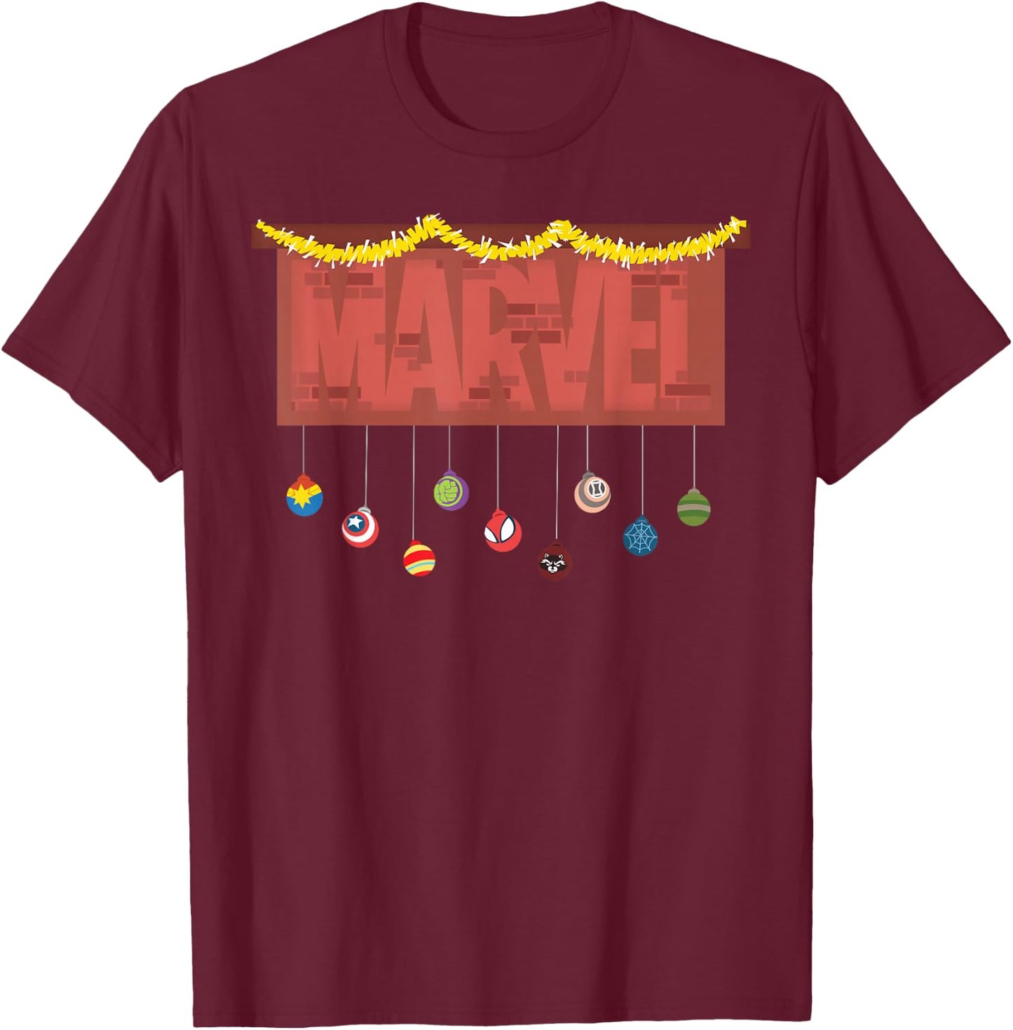 Marvel Logo Holiday Christmas Avengers Super Hero Ornaments T-Shirt - T-Shirt | Maroon