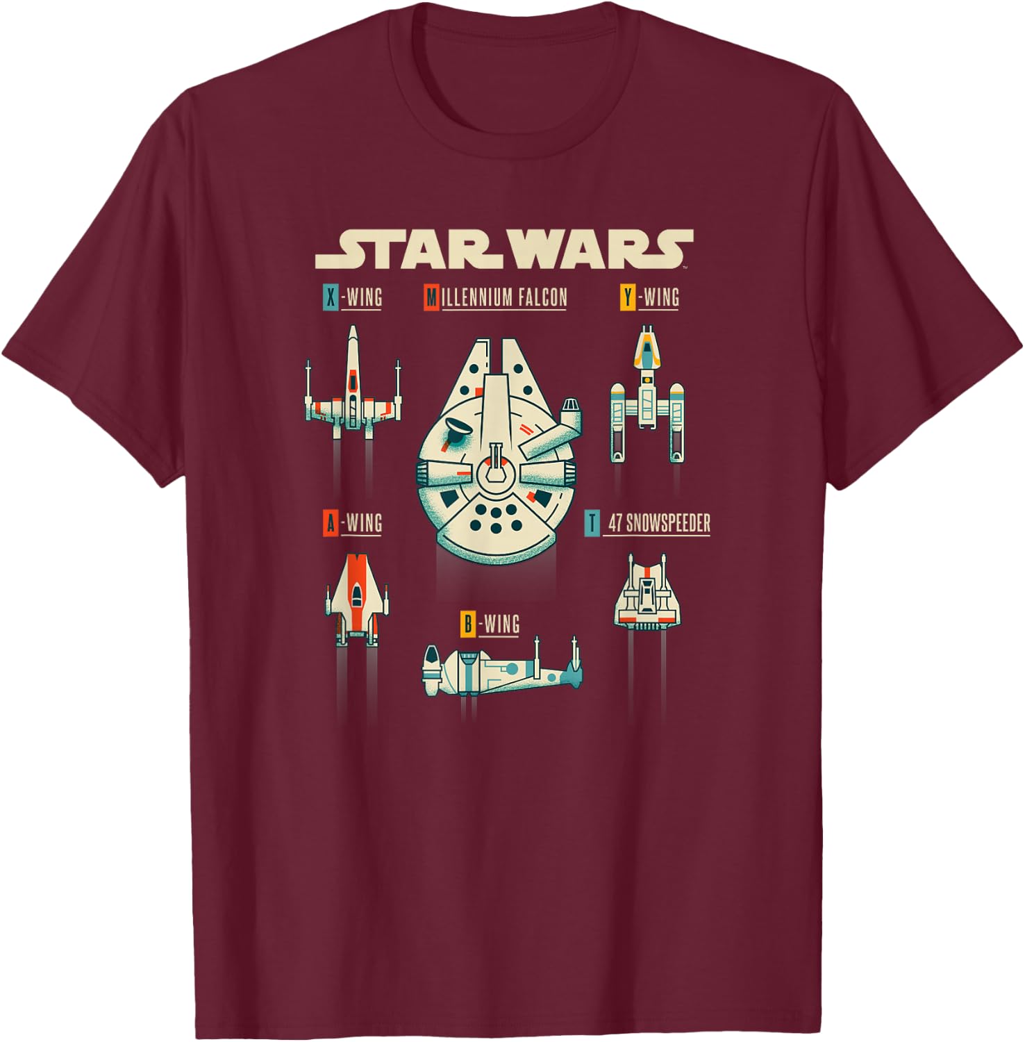 Star Wars Classic Rebel Ships Millennium Falcon Diagram T-Shirt - T-Shirt | Maroon
