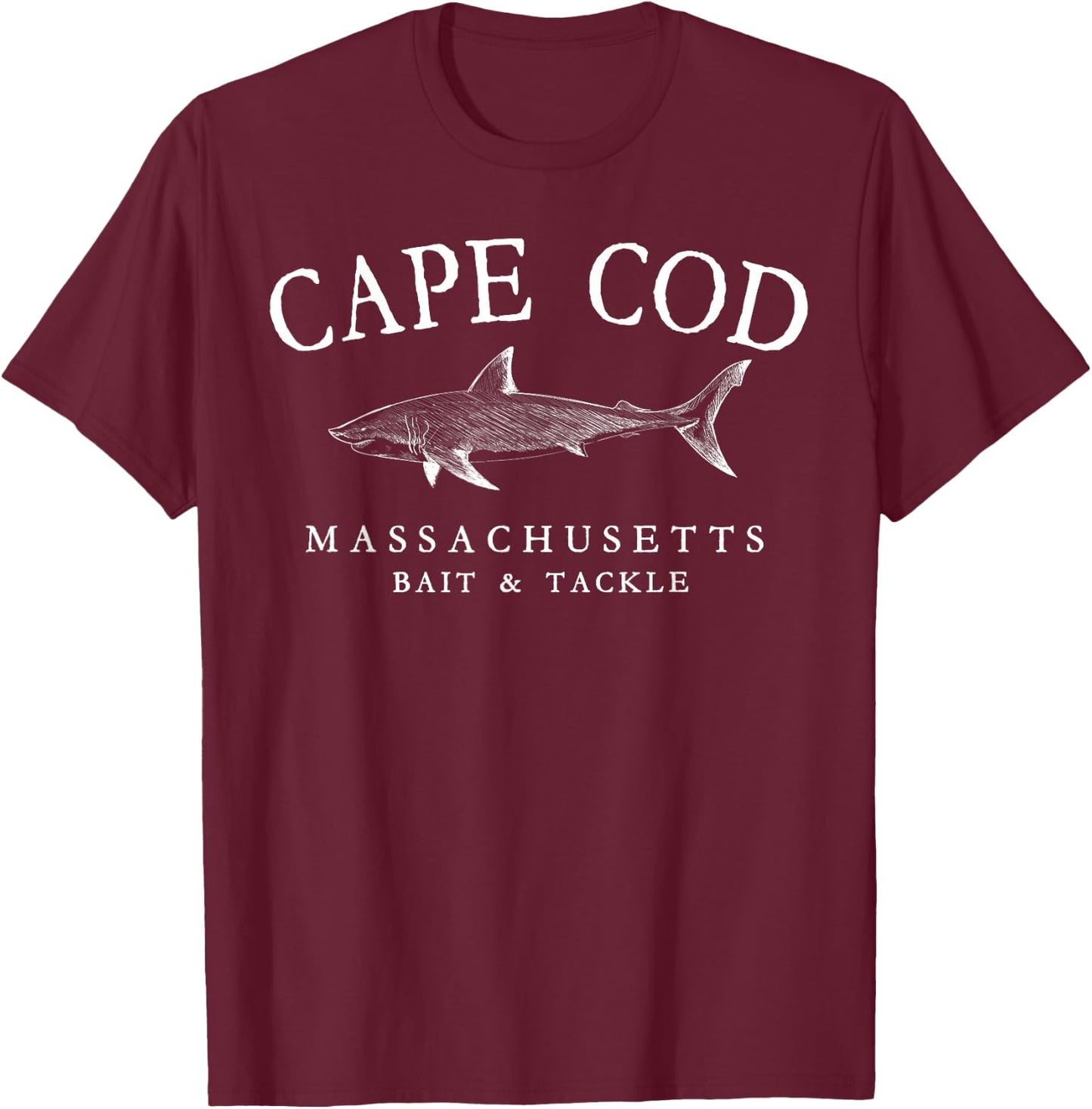 Cape Cod Massachusetts Shark White Art Fishing T-Shirt - T-Shirt | Maroon