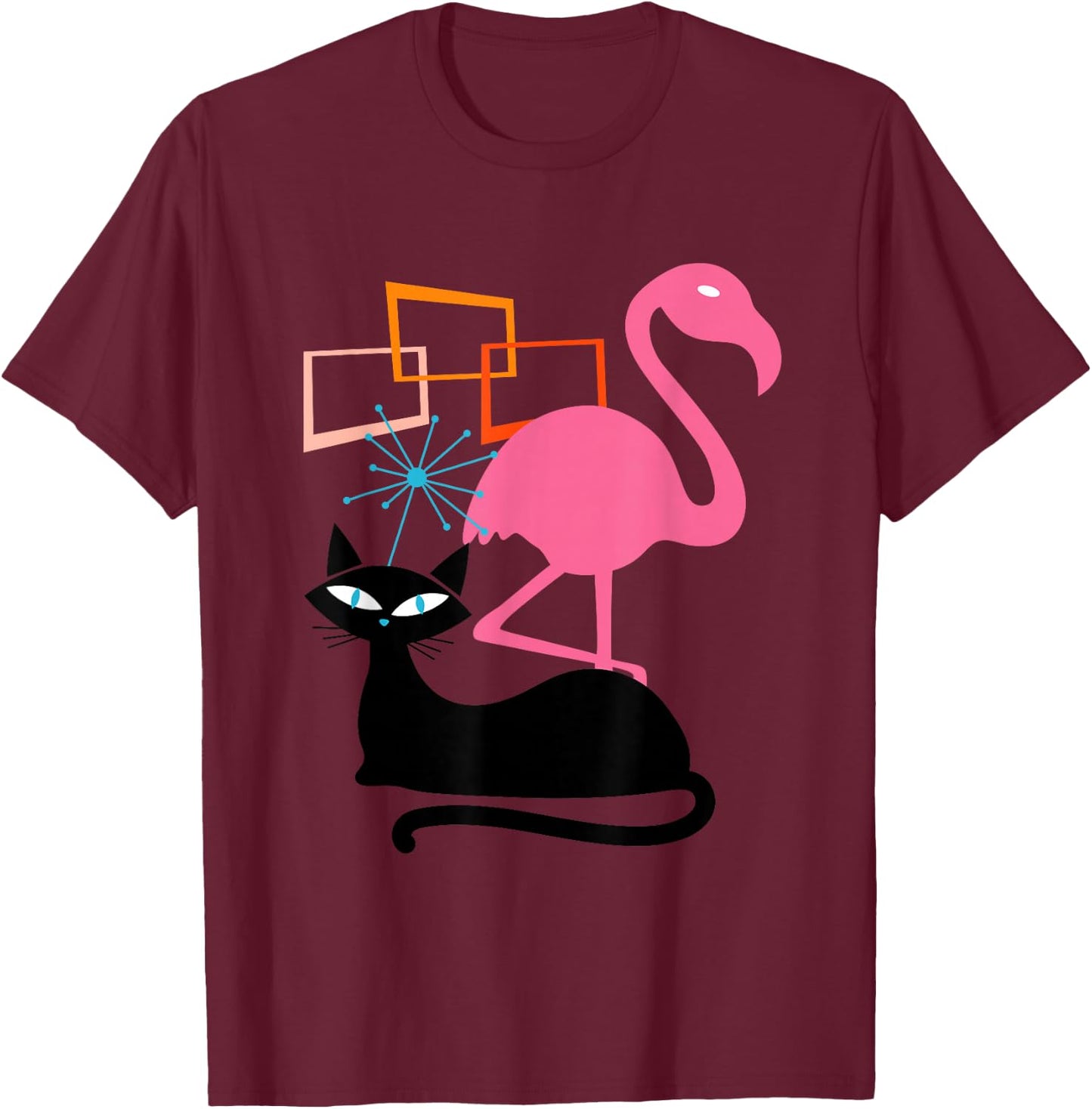 Flamingo and Cat Midcentury Mid Century Stardust Modern T-Shirt - T-Shirt | Maroon