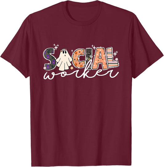 Social Worker Halloween School Social Work Retro Ghost Funny T-Shirt - T-Shirt | Maroon