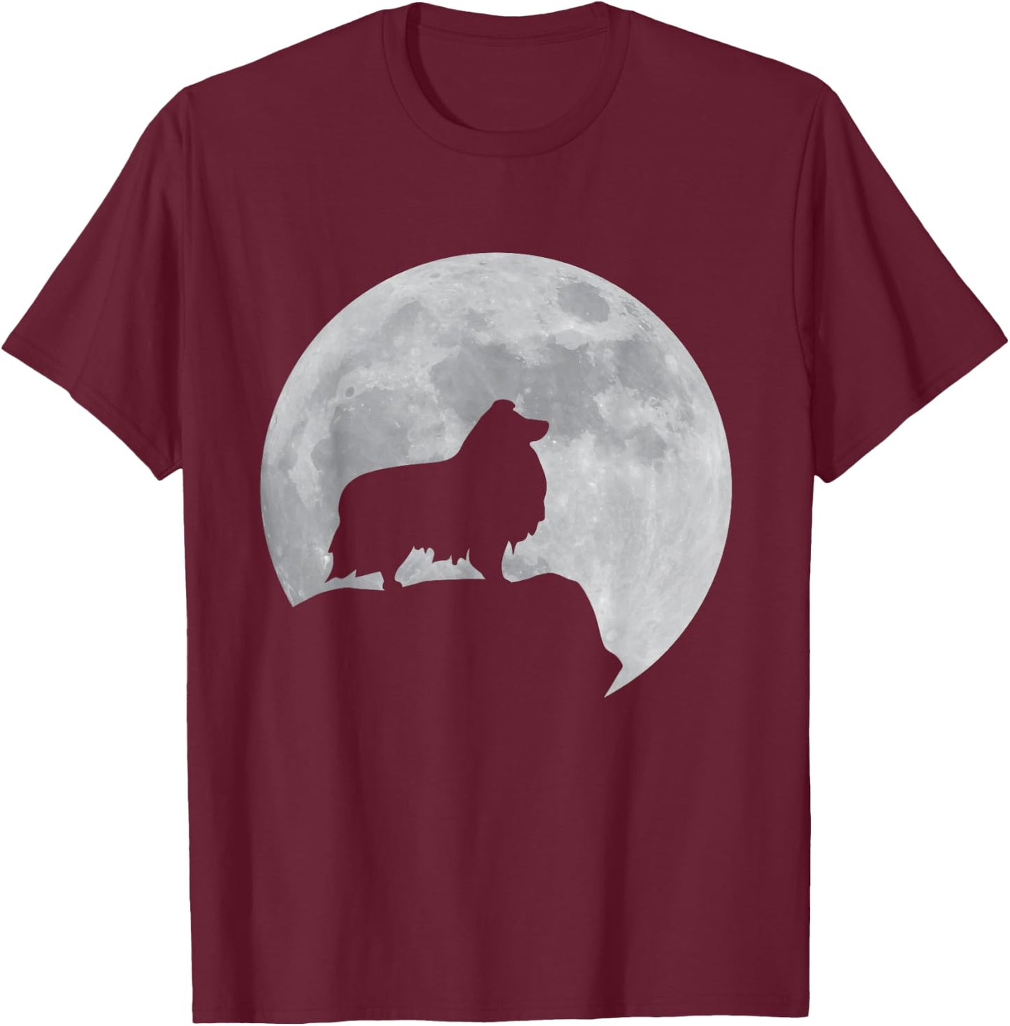 Moon And Dog Silhouette - Sheltie Shetland Sheepdog T-Shirt - T-Shirt | Maroon