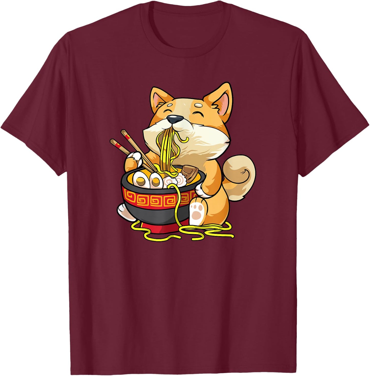 Corgi-Dog Eating Bowl of Ramen Pho Noodle Soup Japan Kawaii T-Shirt - T-Shirt | Maroon