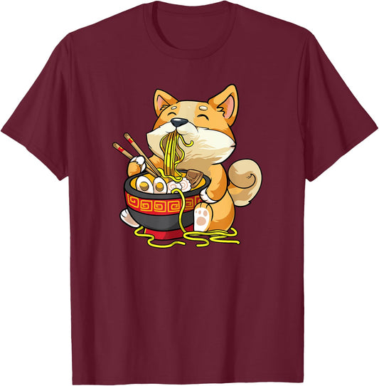 Corgi-Dog Eating Bowl of Ramen Pho Noodle Soup Japan Kawaii T-Shirt - T-Shirt | Maroon