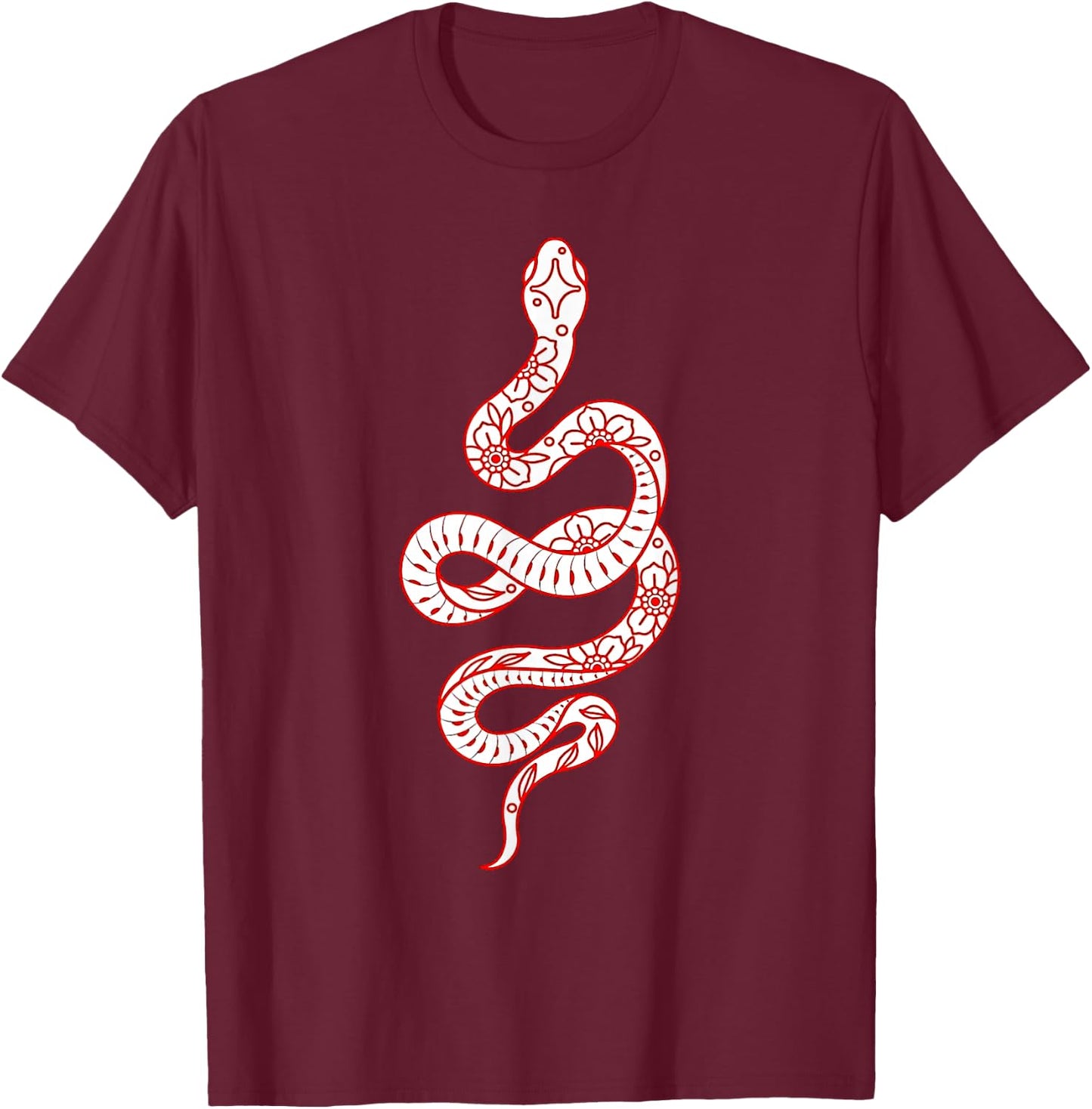 Red Snake Serpent x Flowers Minimal T-Shirt - T-Shirt | Maroon