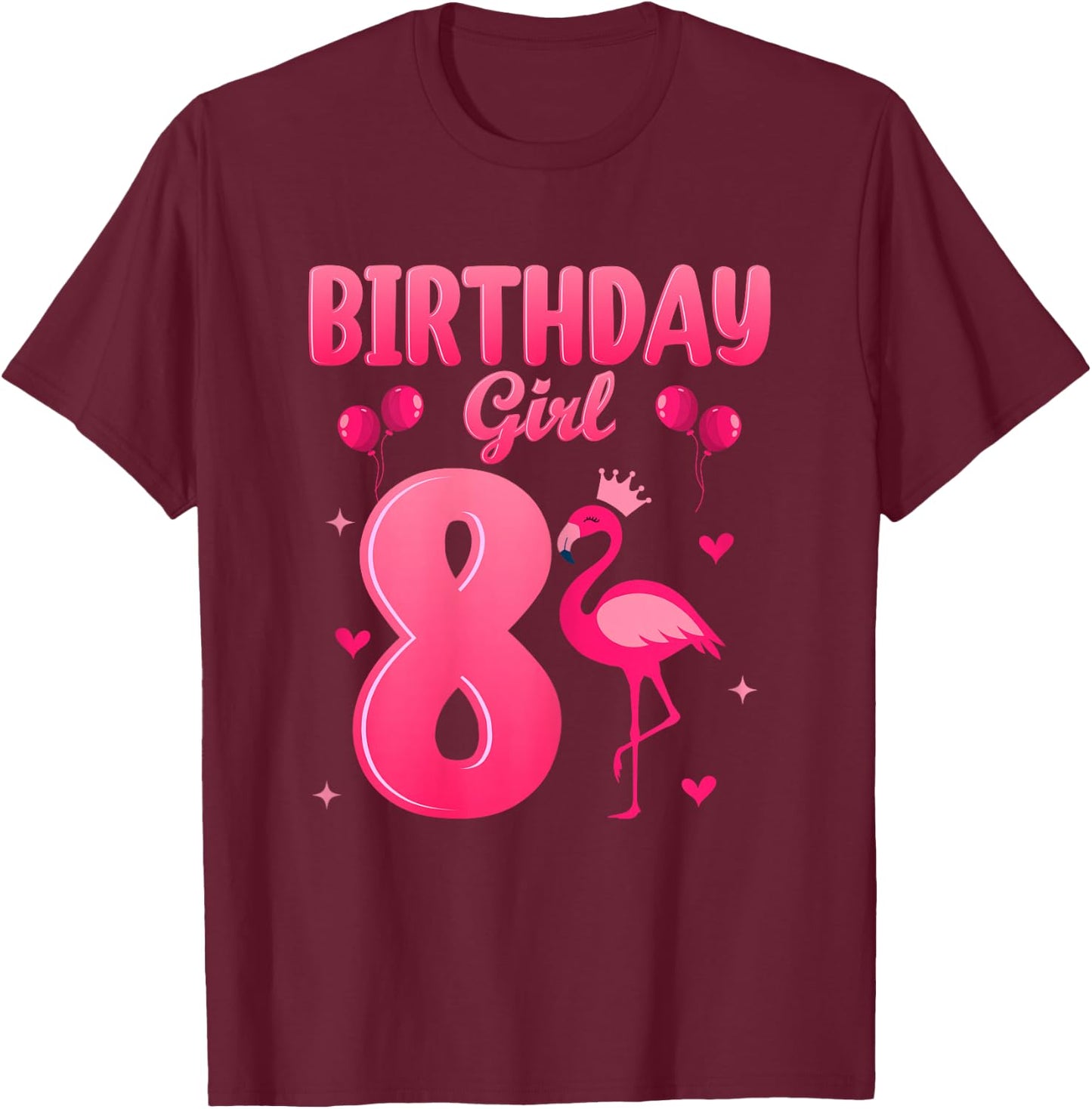 8th Birthday Party 8 Years Old Cute Flamingo Birthday Girl T-Shirt - T-Shirt | Maroon