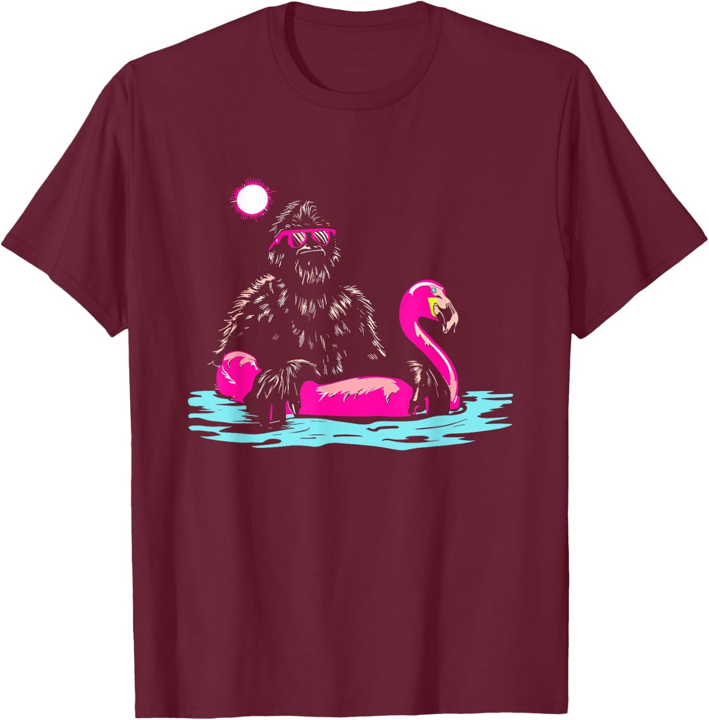 Bigfoot Pool Party Flamingo - Funny Sasquatch Pink Float T-Shirt - T-Shirt | Maroon