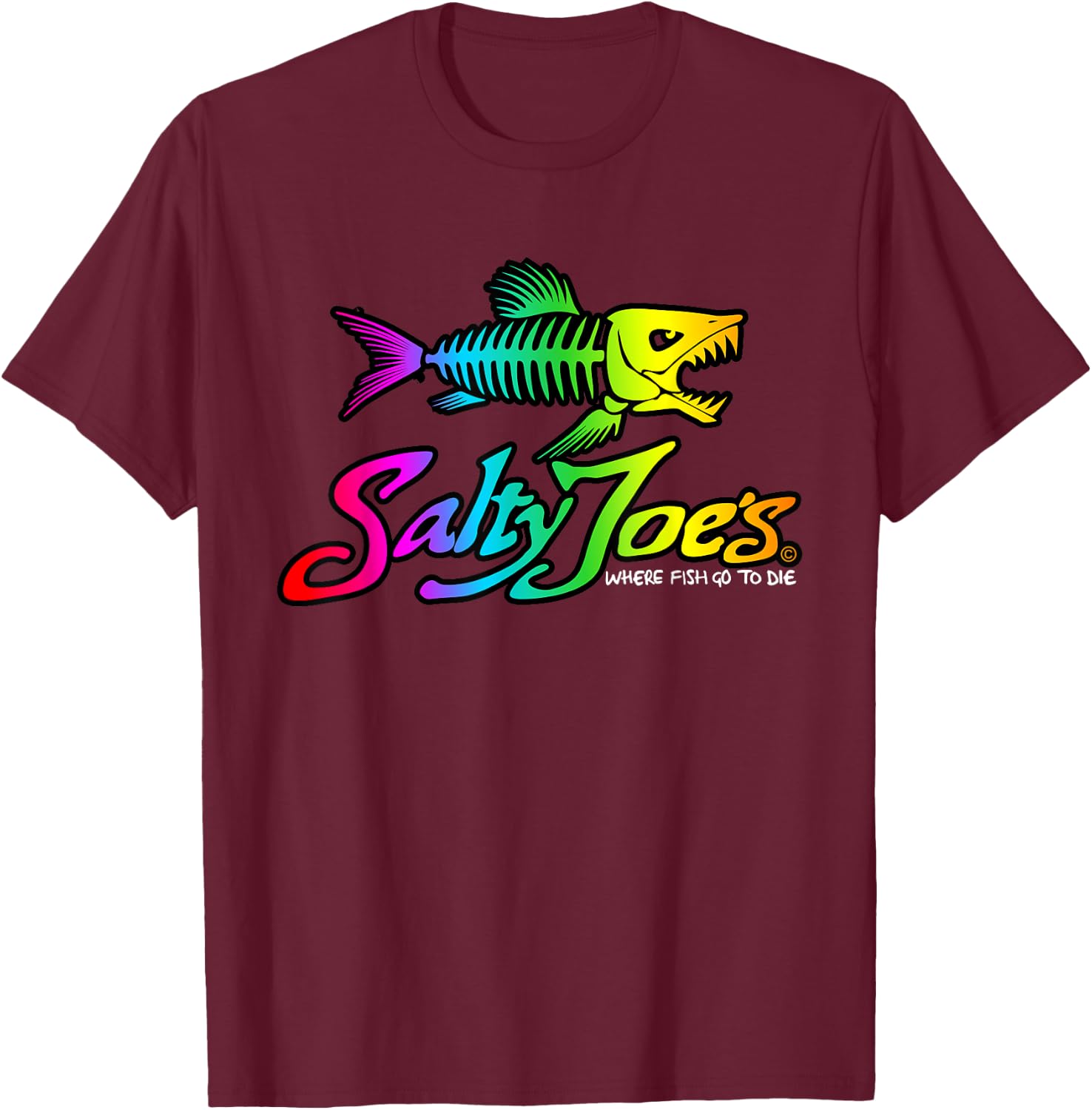 Salty Joe's Skeleton Fish Logo Surf Shop Graphic T-Shirt - T-Shirt | Maroon