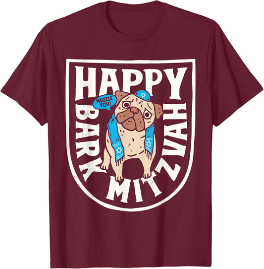 Hanukkah Pug Happy Bark Mitzvah Funny Jewish Chanukah Dog T-Shirt - T-Shirt | Maroon
