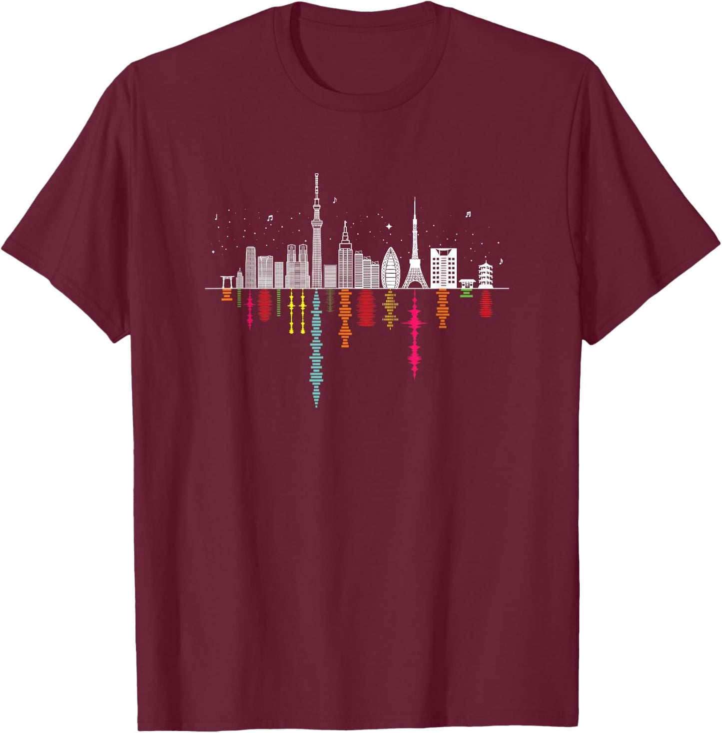 Tokyo Japan Night Skyline - Music & Sound Wave Reflections T-Shirt - T-Shirt | Maroon