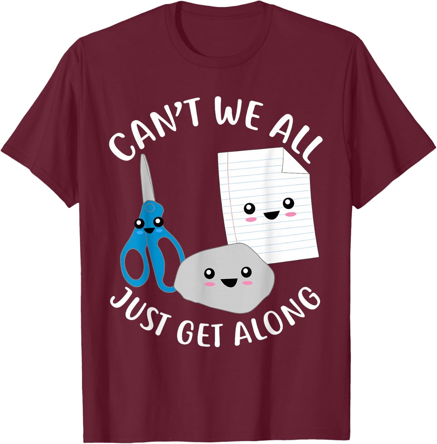 Rock Paper Scissors Funny Kawaii Can't We All Just Get Along T-Shirt - T-Shirt | Maroon