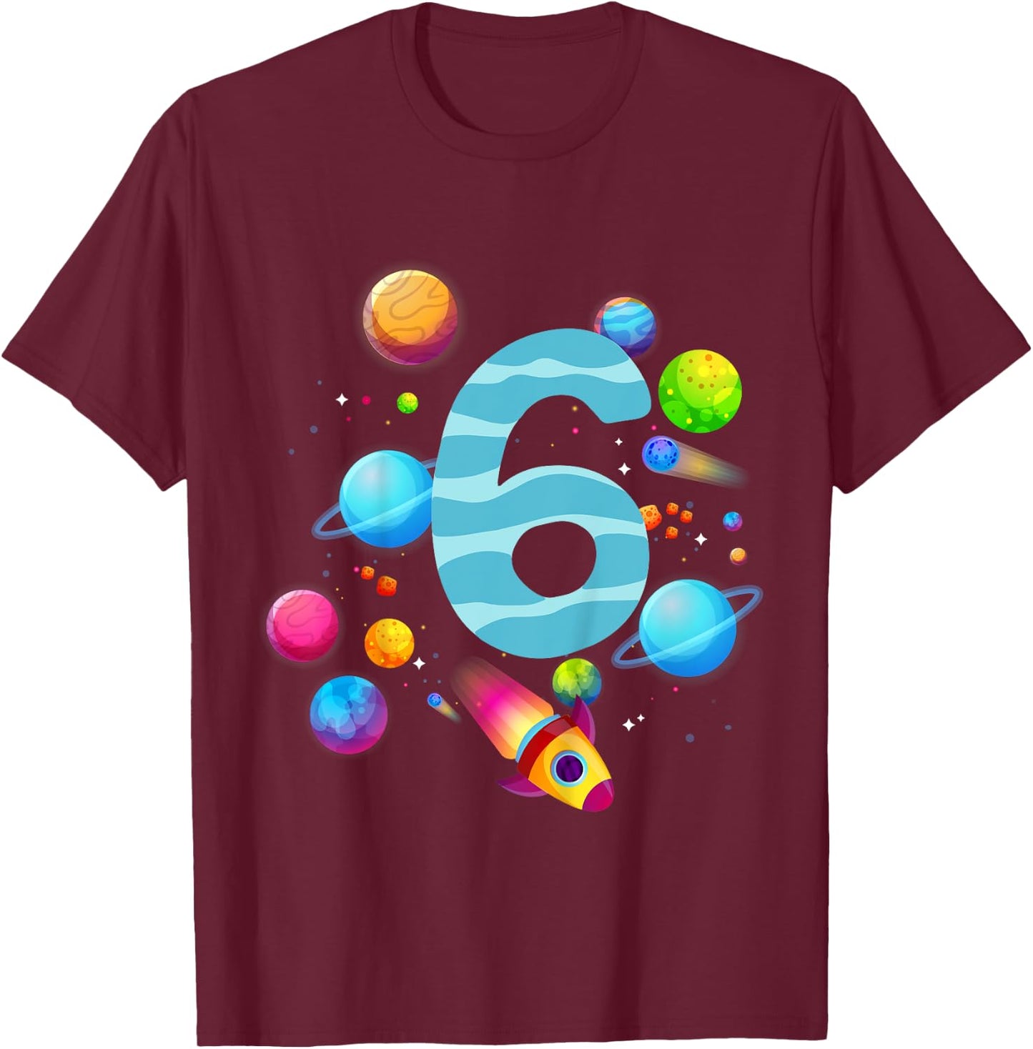 Kids 6th Birthday Boys 6 Years Planets Space Birthday , black T-Shirt - T-Shirt | Maroon