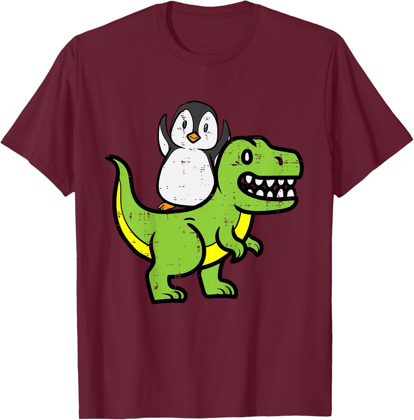 Kids Penguin Riding Dinosaur Trex Cute Boys Kids Toddler Youth T-Shirt - T-Shirt | Maroon