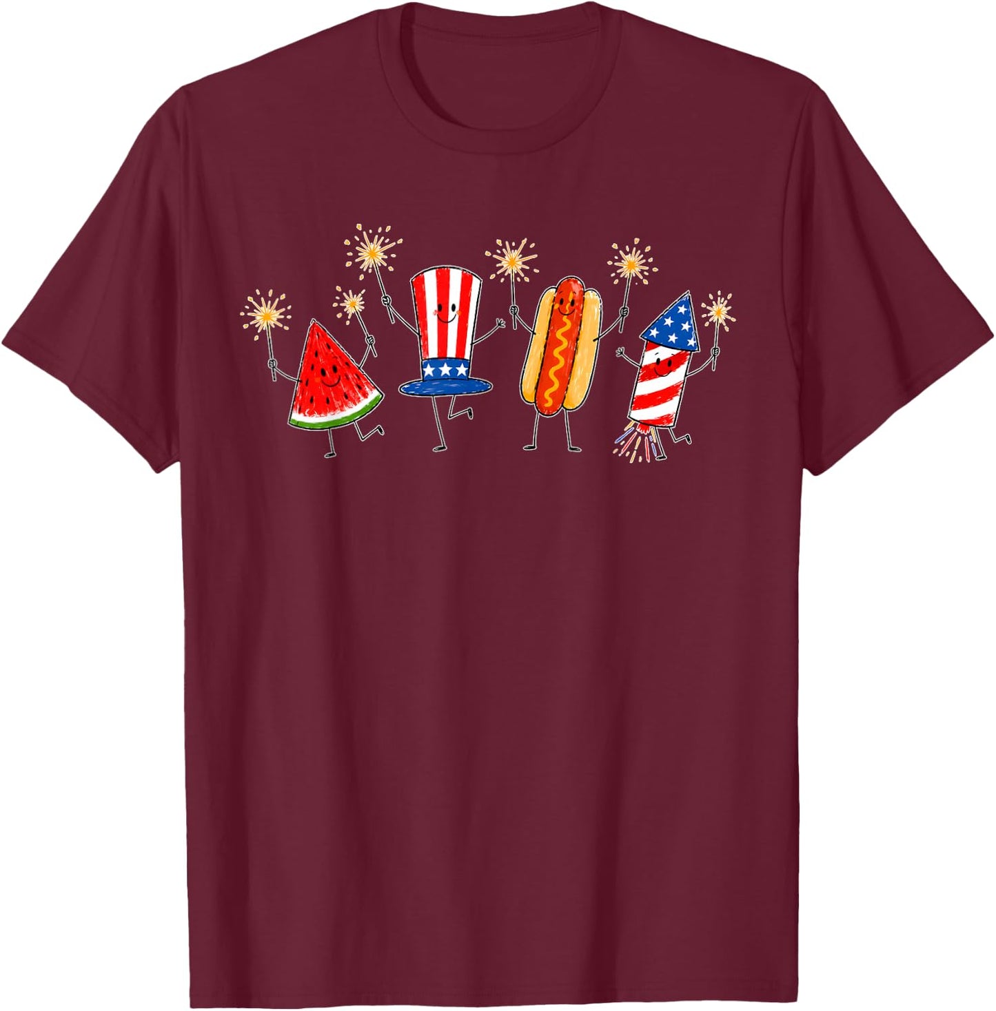 Fourth of July Patriotic Doodle Watermelon Hotdog Firework T-Shirt - T-Shirt | Maroon