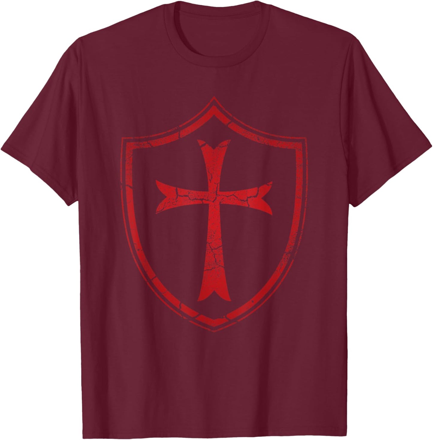 Distressed Knights Templar Cross and Shield Crusader T-Shirt - T-Shirt | Maroon