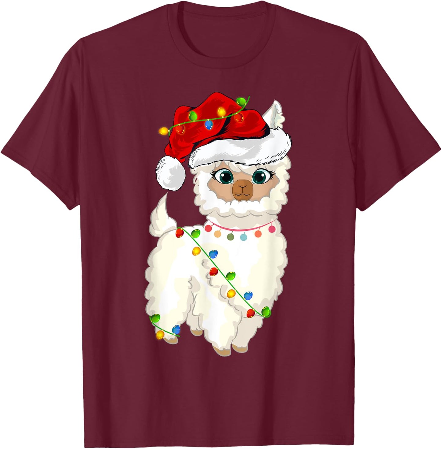 Xmas Lights Santa Hat Llama Christmas T-Shirt - T-Shirt | Maroon