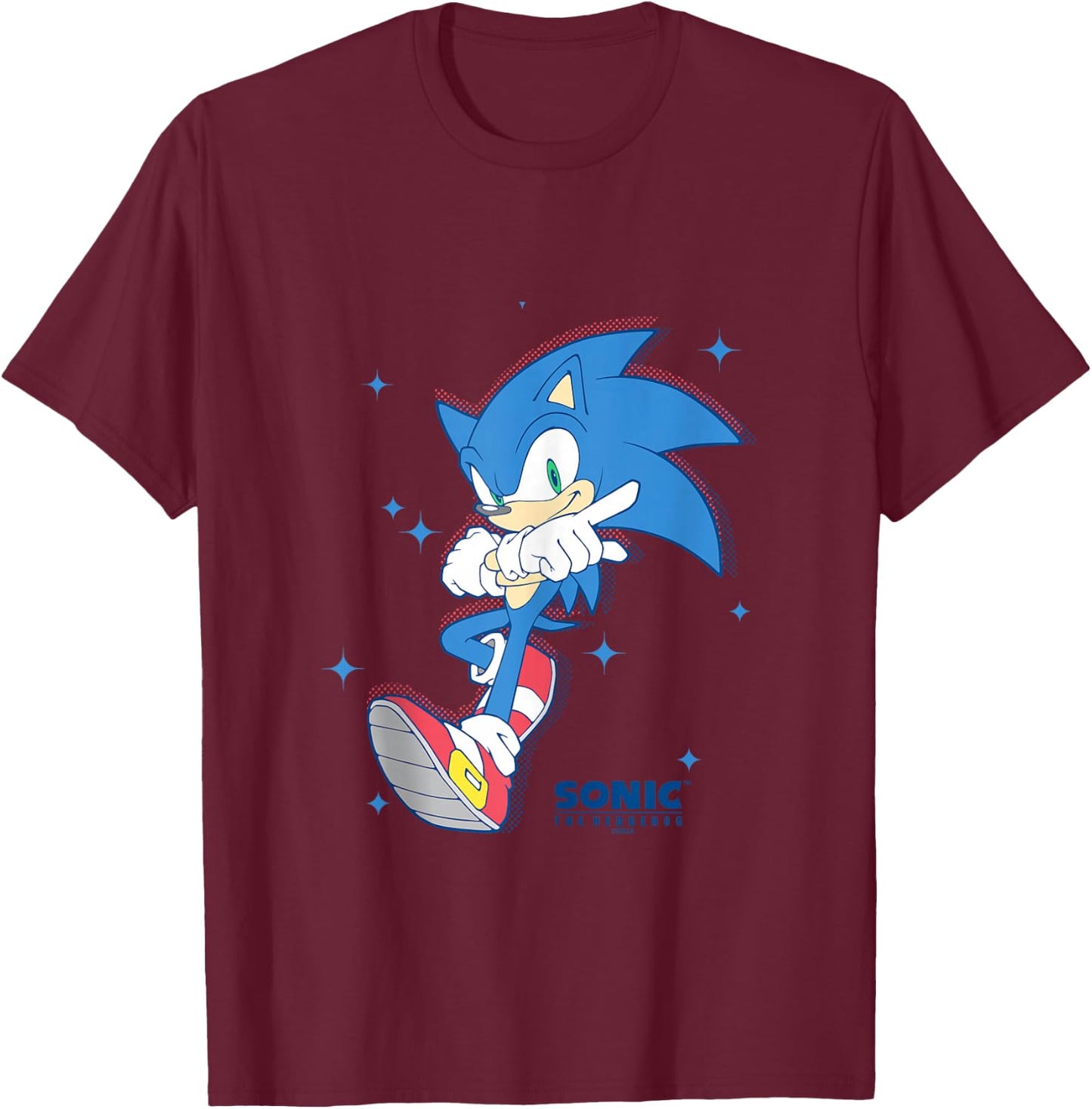 Sonic The Hedgehog Sonic Pointing Stance Star Background T-Shirt - T-Shirt | Maroon