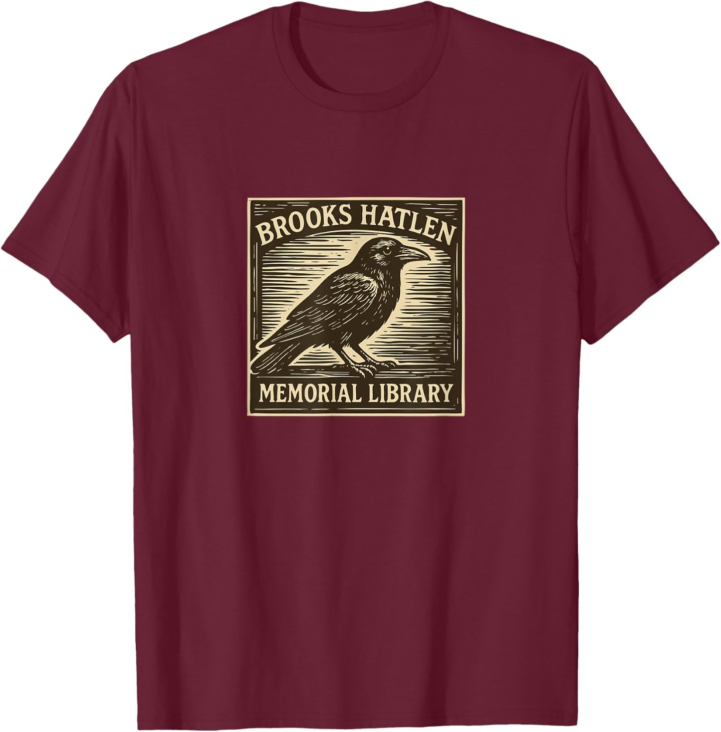 Brooks Hatlen Memorial (fictional) Library woodcut with Crow T-Shirt - T-Shirt | Maroon