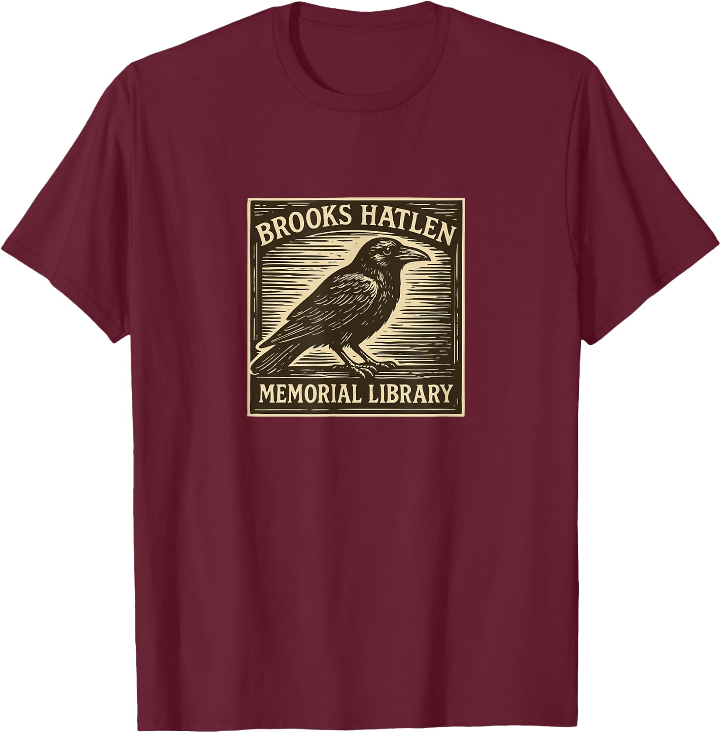 Brooks Hatlen Memorial (fictional) Library woodcut with Crow T-Shirt - T-Shirt | Maroon