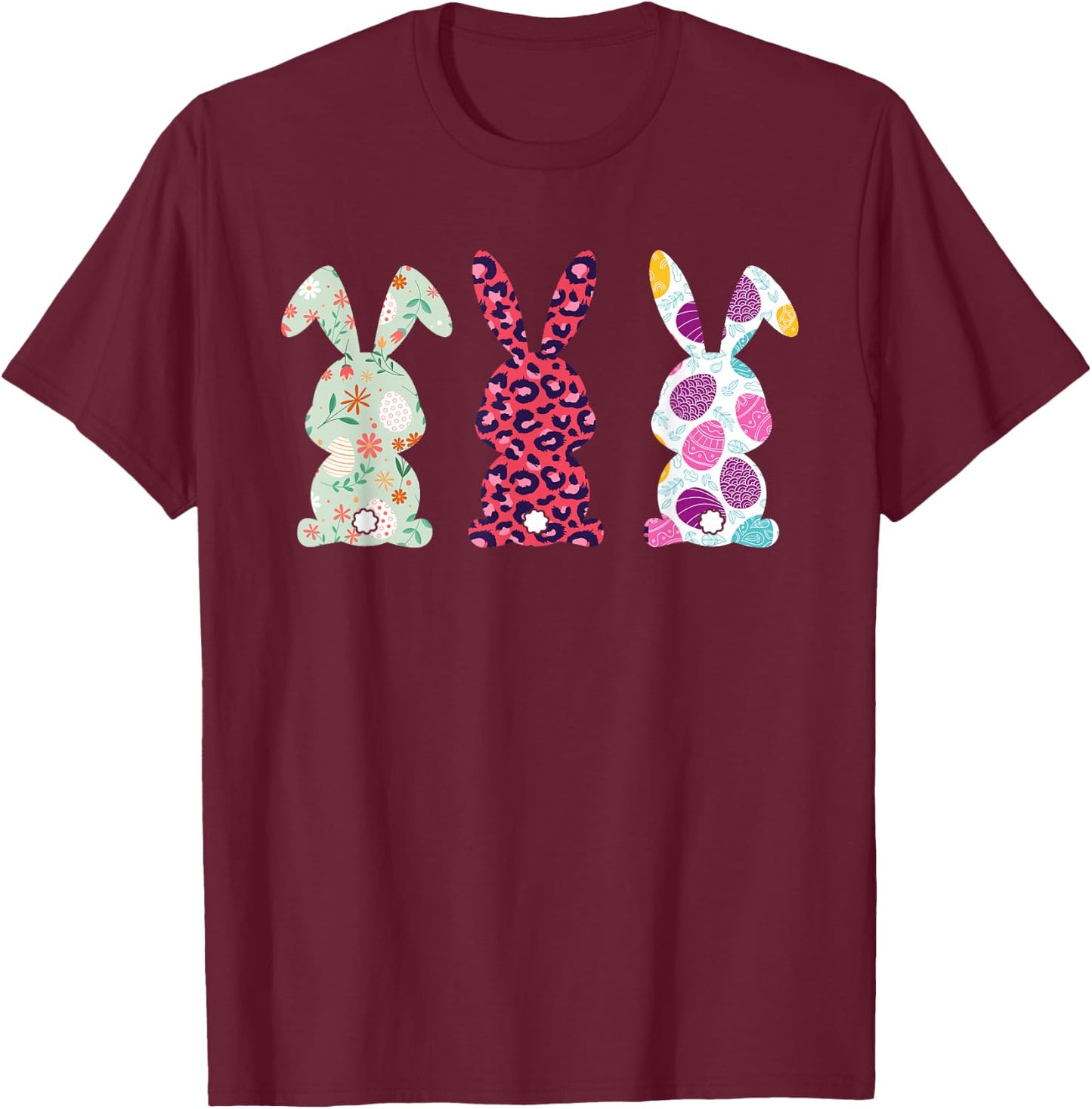 Cute Pink Leopard Eggs Flower Happy Easter Bunny Rabbit T-Shirt - T-Shirt | Maroon