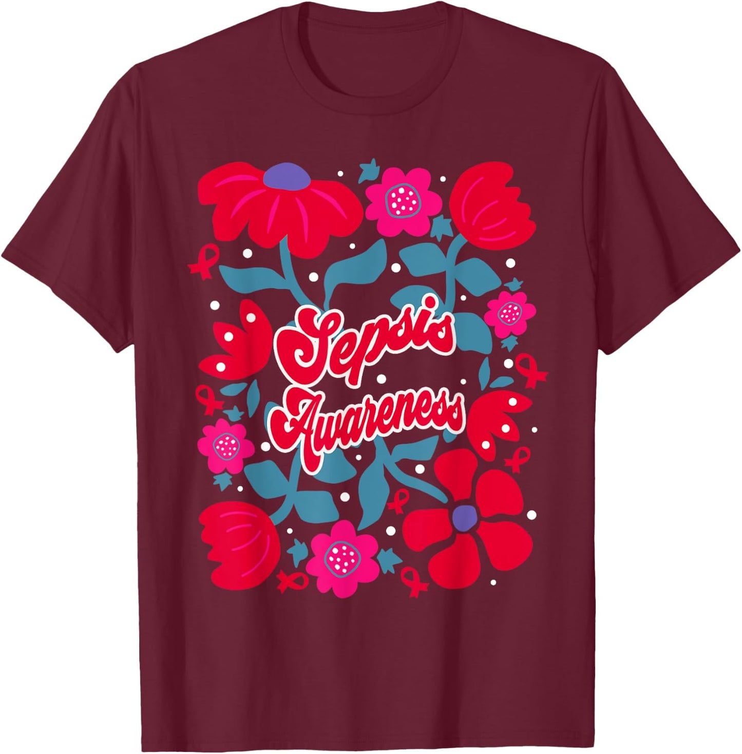 Sepsis Awareness Groovy Red Boho Flower Art Ribbon T-Shirt - T-Shirt | Maroon