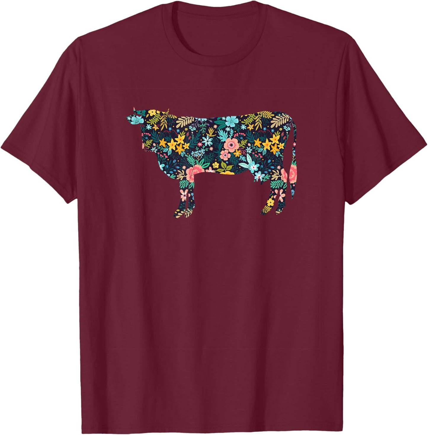 Floral Cow Silhouette Girls Cow Farm Animal T-Shirt - T-Shirt | Maroon