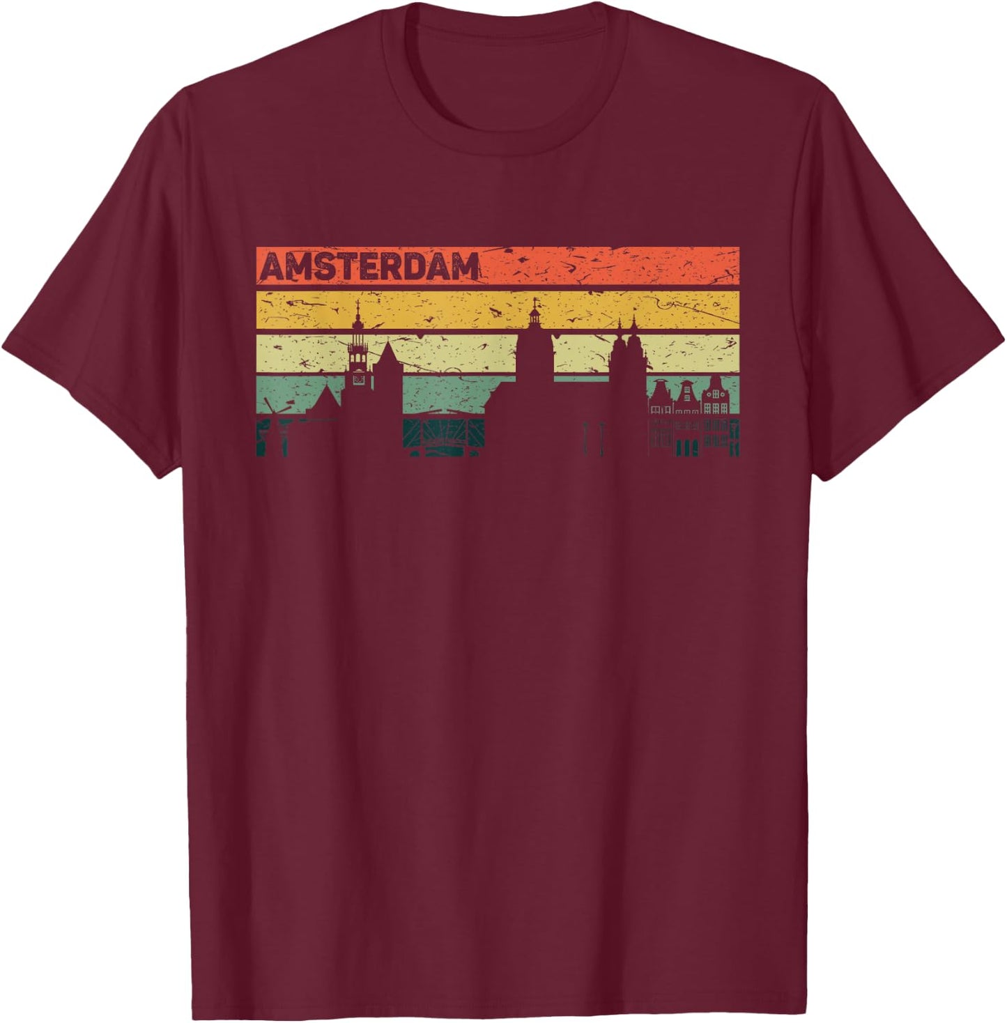 Amsterdam Vintage Skyline Retro City Holland , black, s T-Shirt - T-Shirt | Maroon