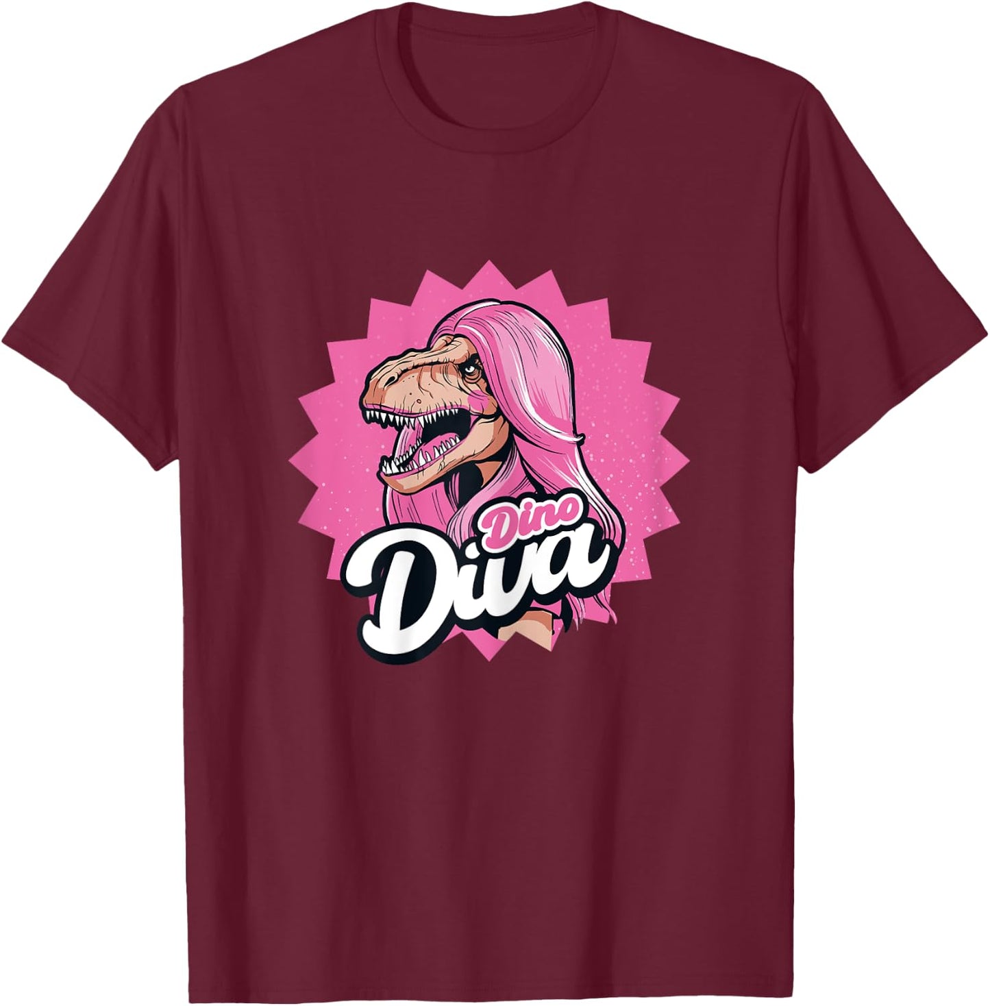 Dino Diva Dinosaur Pink Hair Funny T-Shirt - T-Shirt | Maroon