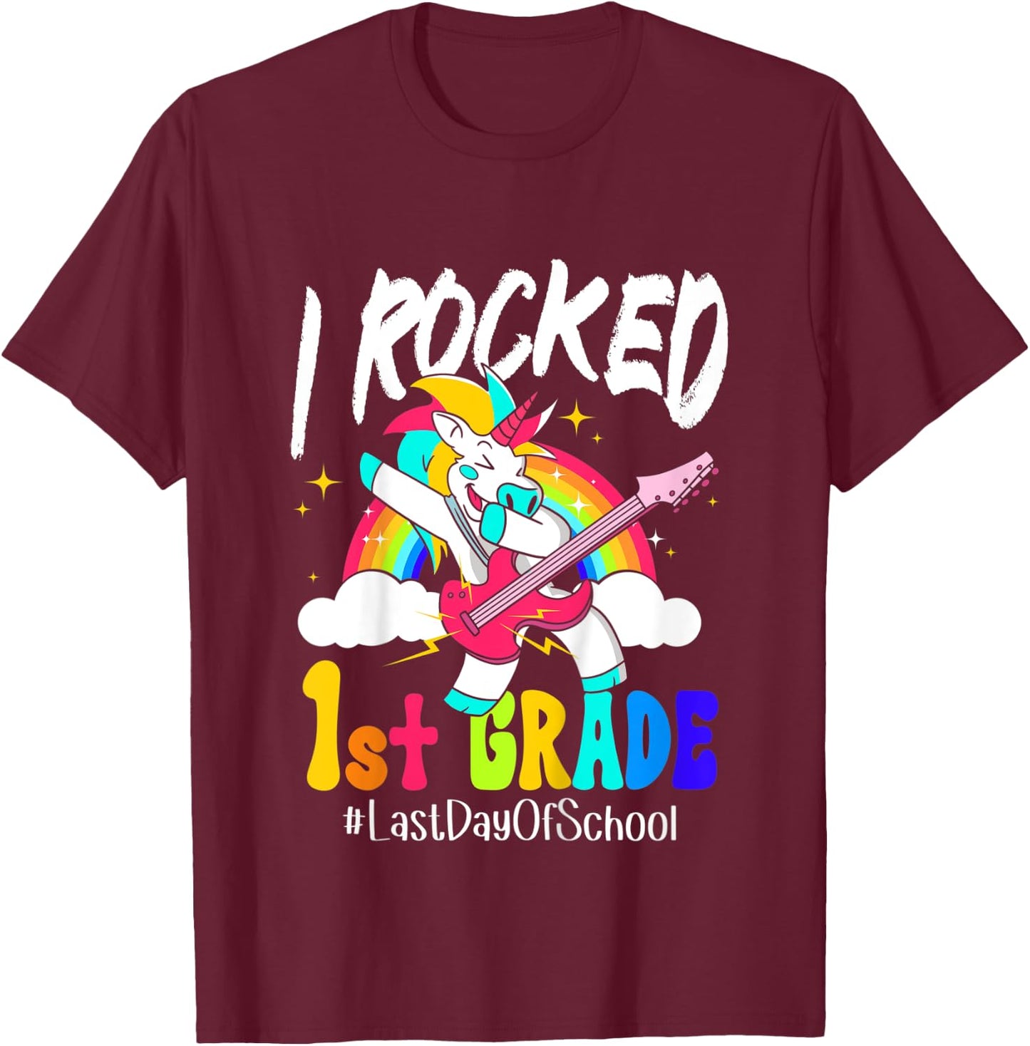 Kids I Rocked 1st Grade Unicorn Guitar Last Day Of School T-Shirt - T-Shirt | Maroon