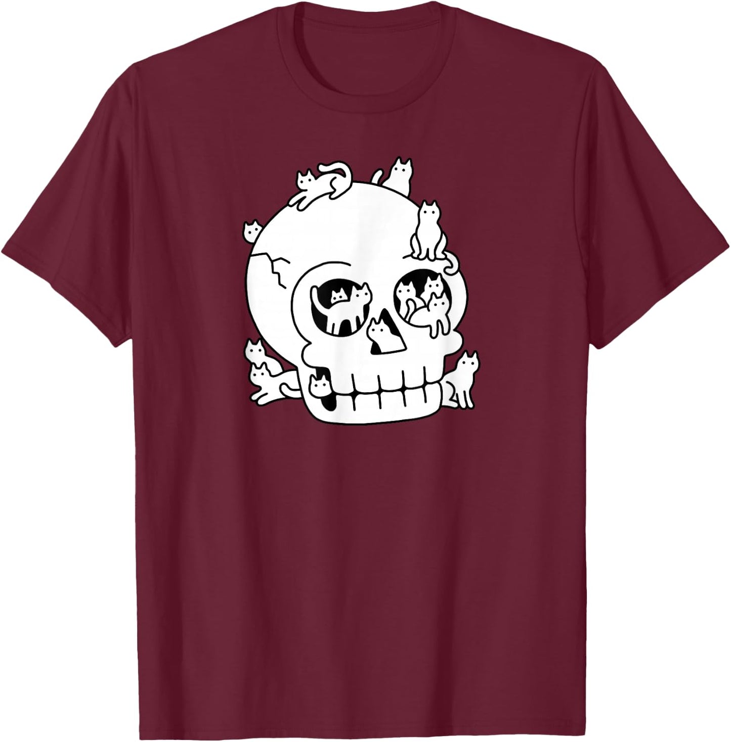 Threadless Obinsun Skull Is Full Of Cats Doodle Graphic T-Shirt - T-Shirt | Maroon