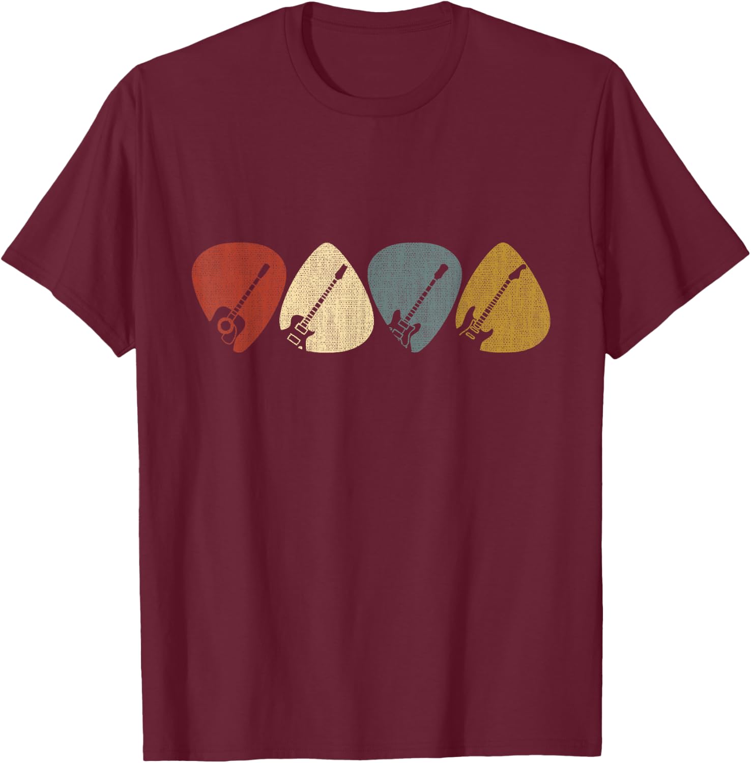 Guitarist, musician Guitar Pick - -Adults - Black - Small - Short Sleeve - Crew Collar - Modern - Retro - Vintage Design T-Shirt - T-Shirt | Maroon